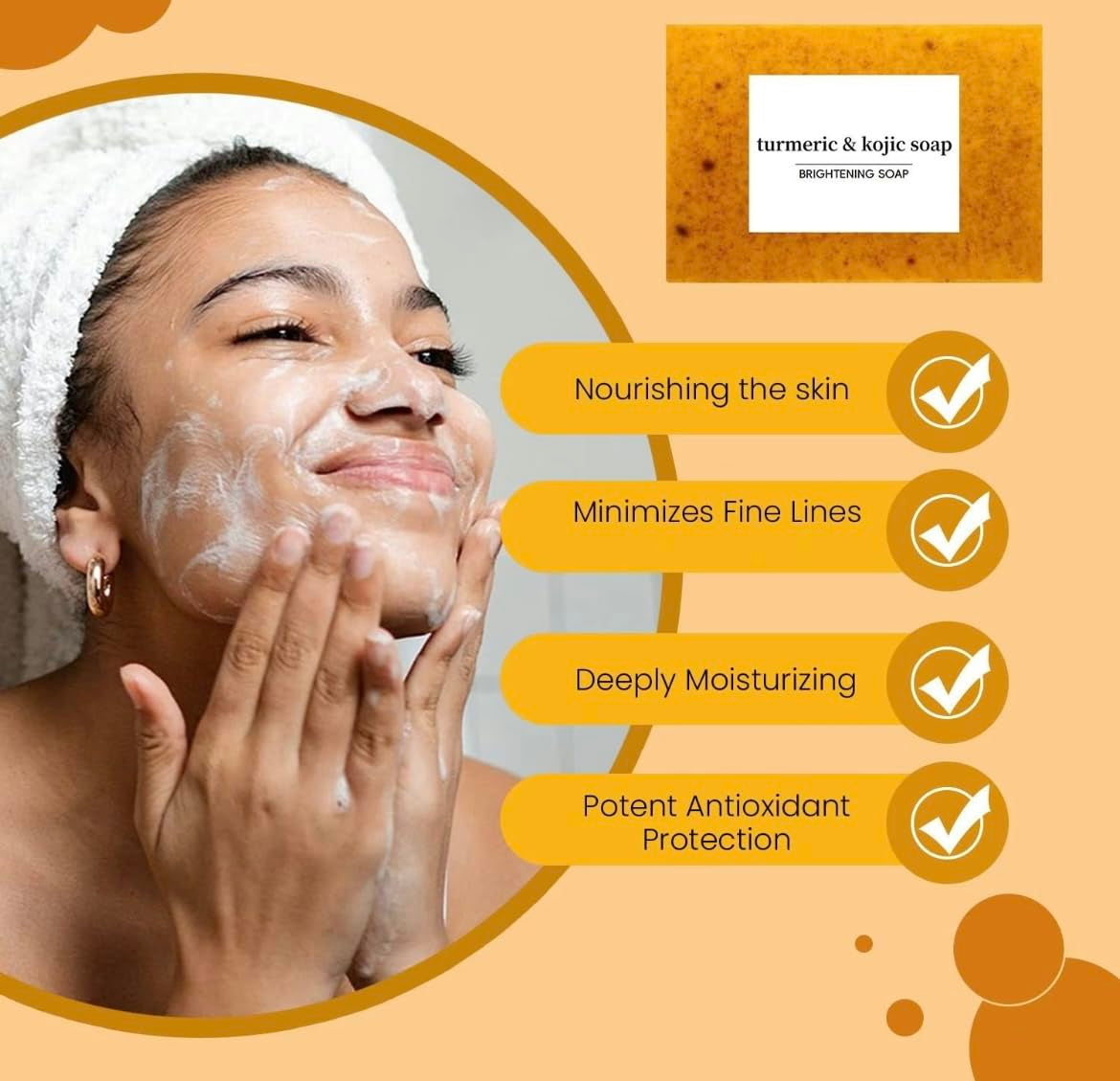 Turmeric and Kojic Acid Skin Brightening Soap All Natural Gentle Cleanser for All Skin Types. Fights Acne, Reduces Dark Spots & Fades Scars. Face & Body Cleanser for Men, Women & Teens. (1 Soap Bar)