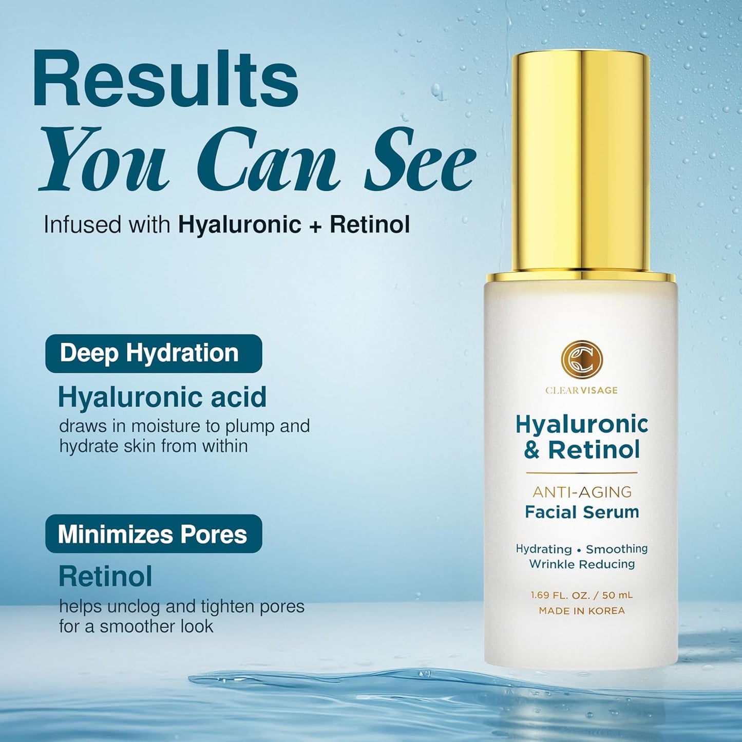 Hyaluronic Acid Serum with Retinol - Revitalizing Anti-Aging, Radiant Glowing Complexion, Wrinkle Reduction - Dermatologist Tested, Korean Skin Care, Clean Beauty - 1.69 Fl. Oz