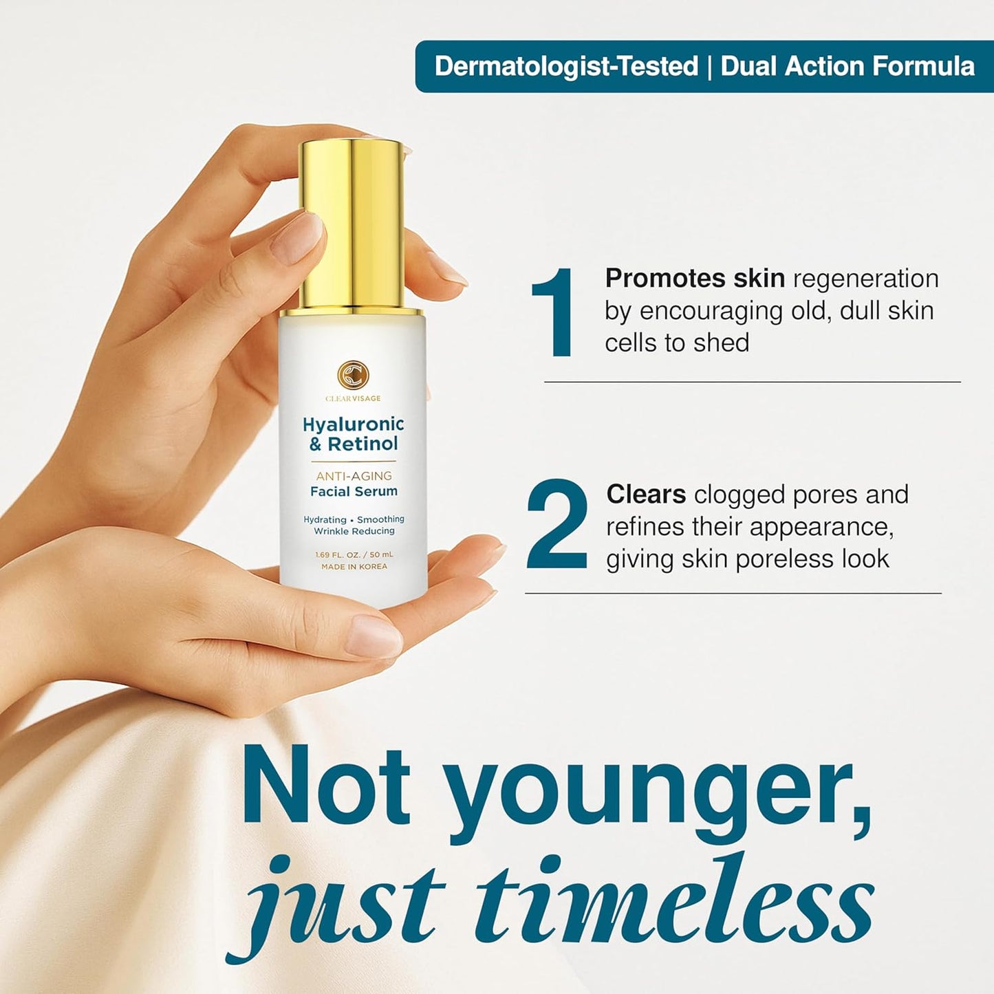 Hyaluronic Acid Serum with Retinol - Revitalizing Anti-Aging, Radiant Glowing Complexion, Wrinkle Reduction - Dermatologist Tested, Korean Skin Care, Clean Beauty - 1.69 Fl. Oz