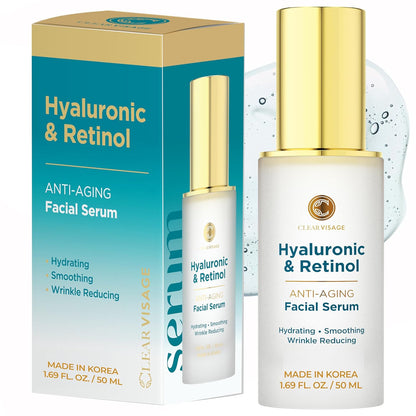 Hyaluronic Acid Serum with Retinol - Revitalizing Anti-Aging, Radiant Glowing Complexion, Wrinkle Reduction - Dermatologist Tested, Korean Skin Care, Clean Beauty - 1.69 Fl. Oz