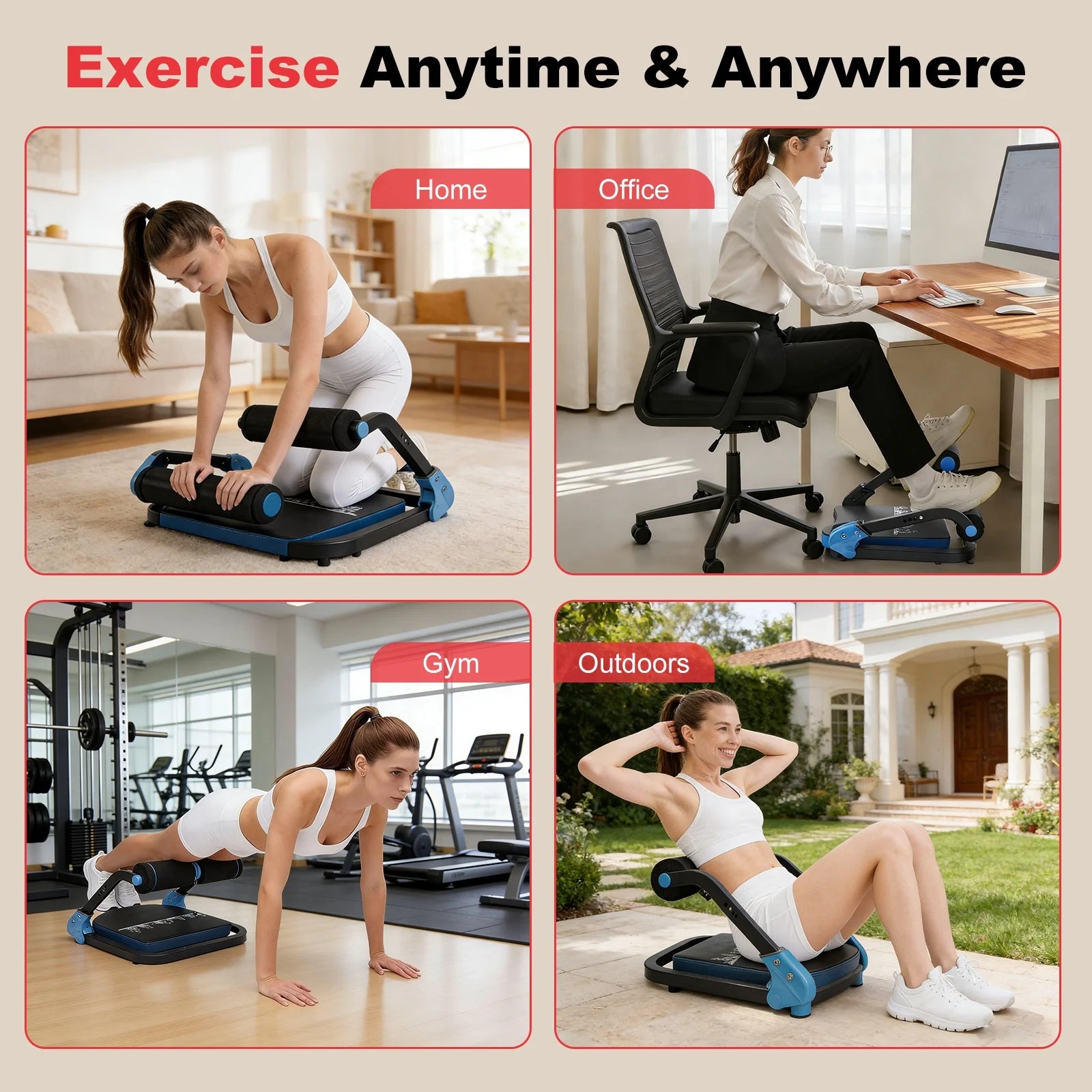 Adjustable Ab Trainer Ab Machine Sit up Exercise Equipment & Core Machine, Home Workout Equipment, with 3 Resistance Levels & 2 Elastic Rope