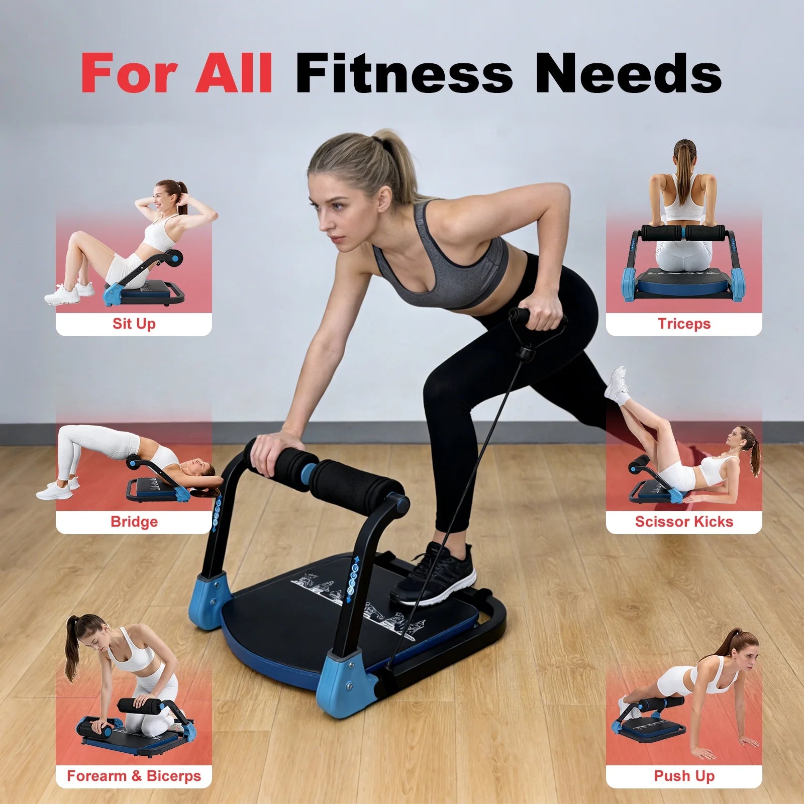 Adjustable Ab Trainer Ab Machine Sit up Exercise Equipment & Core Machine, Home Workout Equipment, with 3 Resistance Levels & 2 Elastic Rope