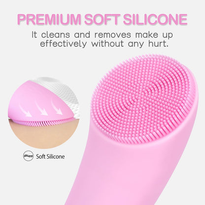 Facial Cleansing Brush, Rechargeable Silicone Face Scrubber with Heat Massage End, Vibrating Exfoliator Scrubber for Deep Cleaning, Waterproof Face Brush for Women and Men (Pink)