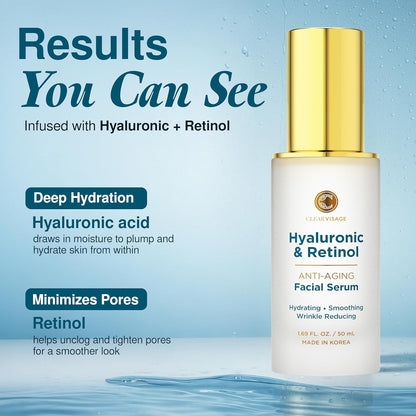 Hyaluronic Acid Serum with Retinol - Revitalizing Anti-Aging, Radiant Glowing Complexion, Wrinkle Reduction - Dermatologist Tested, Korean Skin Care, Clean Beauty - 1.69 Fl. Oz
