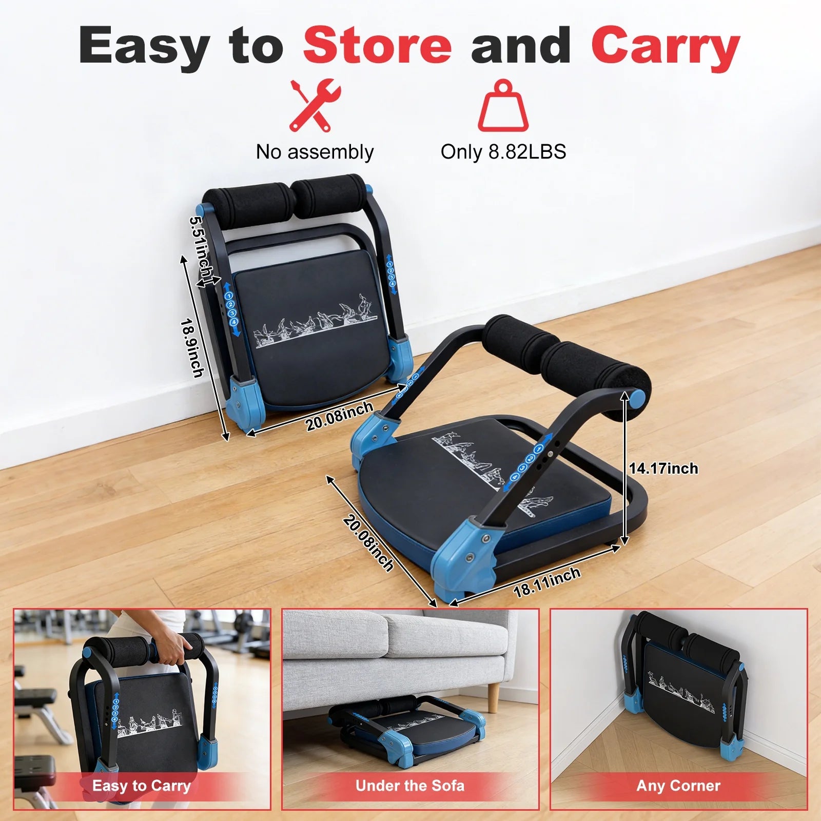 Adjustable Ab Trainer Ab Machine Sit up Exercise Equipment & Core Machine, Home Workout Equipment, with 3 Resistance Levels & 2 Elastic Rope