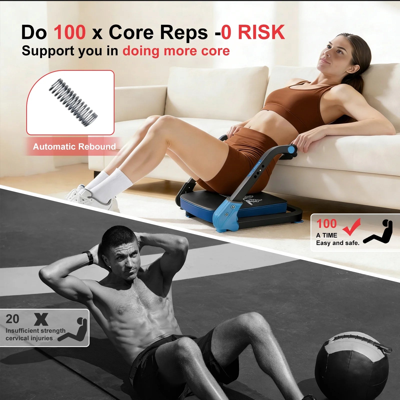Adjustable Ab Trainer Ab Machine Sit up Exercise Equipment & Core Machine, Home Workout Equipment, with 3 Resistance Levels & 2 Elastic Rope